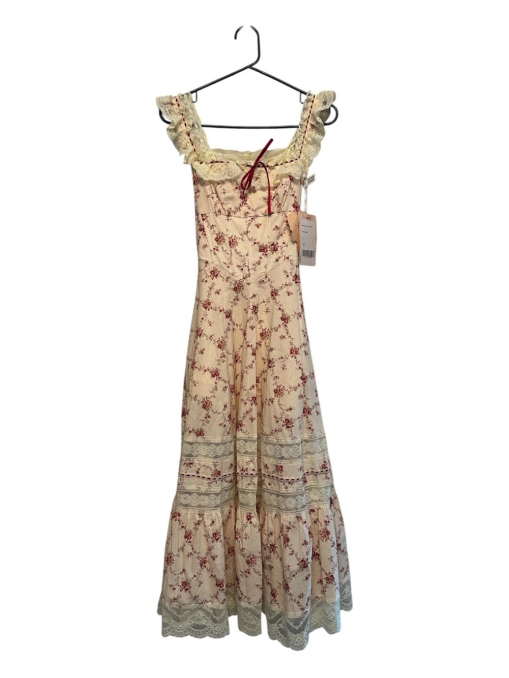 NWT Vintage-Inspired Lacemade Floral Maxi Corset Dress in Cream w Red Accents S
